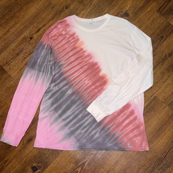 White, Pink & Black Split Tie-Dye Long Sleeve Upcycled Crewneck Shirt Size XL - Picture 8 of 10